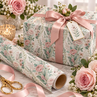 Papel De Presente Rosas Rosa Bege Folhagem Verde Sage |