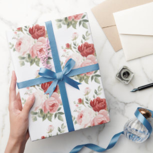 Papel De Presente Rosas Rosa Branco Vermelho Floral Chique Chá de No
