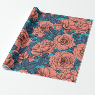 Papel De Presente Rosas rosa com folhas azuis