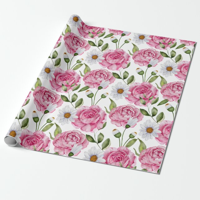 Papel De Presente Rosas Rosa-d'água e Flores-margaridas (Desenrolado)