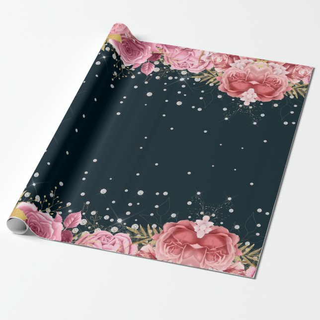 Papel De Presente rosas rosa diamantes marinho azul elegante (Desenrolado)