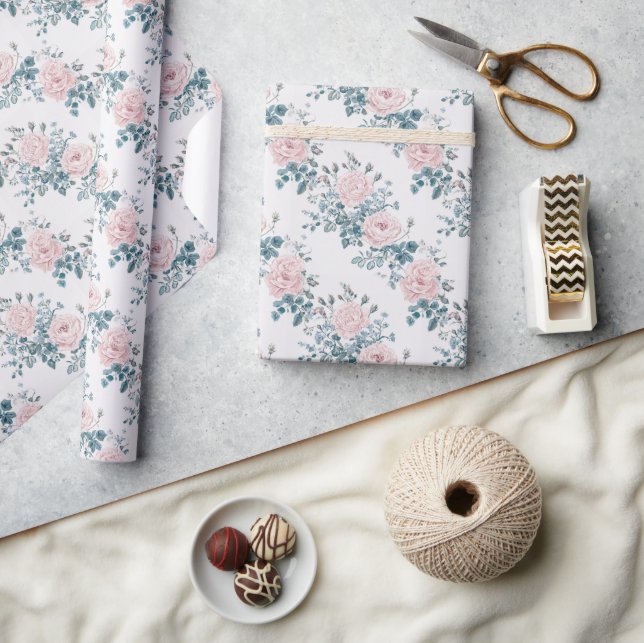 Papel De Presente Rosas Rosa em Branco (Artesanato)