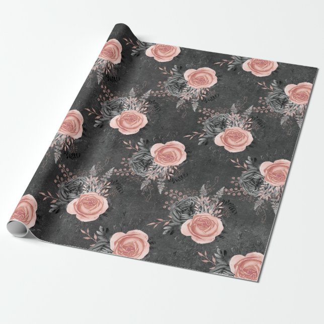 Papel De Presente Rosas Rosa Esmagadas no Carvão (Desenrolado)