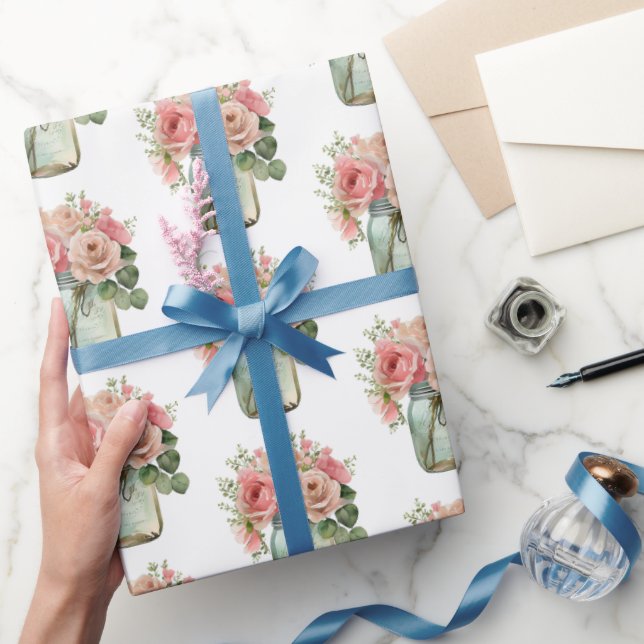 Papel De Presente Rosas Rosa Floral Mason Jar (Presentear)