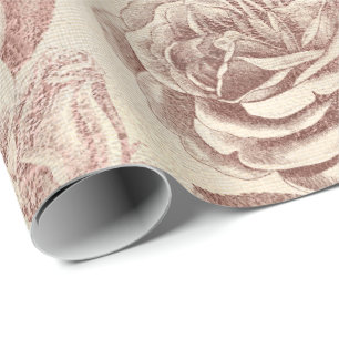 Papel De Presente Rosas Rosa Rosa Dourada Placa Metálica Sepia Line