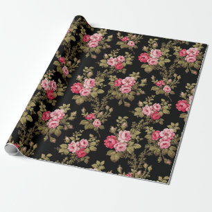 Papel De Presente Rosas Rosa-Rosa-Vintage Elegante-Fundo Preto