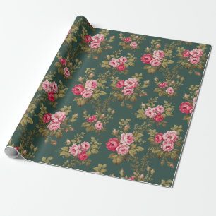 Papel De Presente Rosas Rosa-Rosa-Vintage Elegante-Fundo Verde