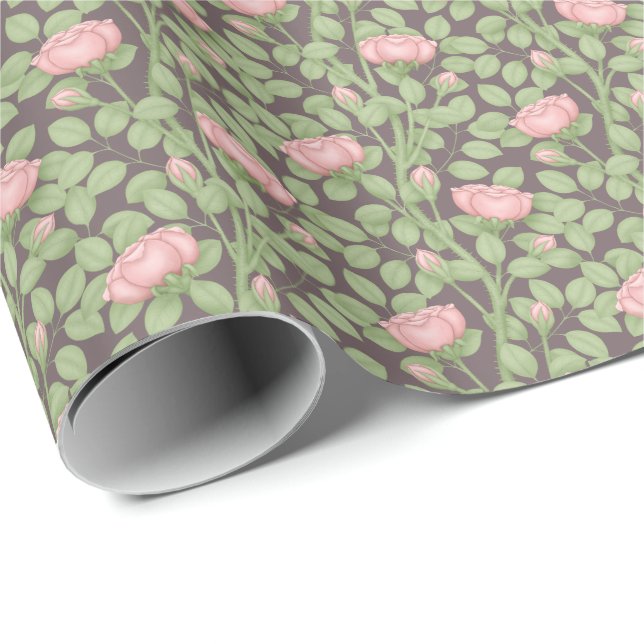 Papel De Presente Rosas rosa sobre ameixa escura (Ponta do rolo)