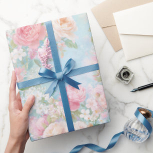Papel De Presente Rosas Rosa Suave Aquarela Fundo Azul Céu Floral