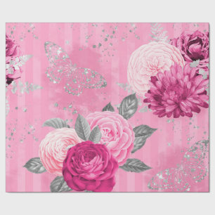 Papel De Presente Rosas Rosa Vintage Borboletas Glitter Silver