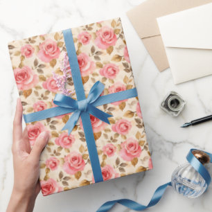 Papel De Presente Rosas Rosadas em Amarelo Pálido