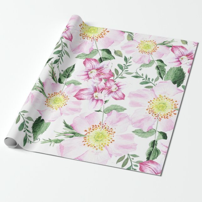 Papel De Presente Rosas Rosas Boho Padrão Floral Aquarela (Desenrolado)