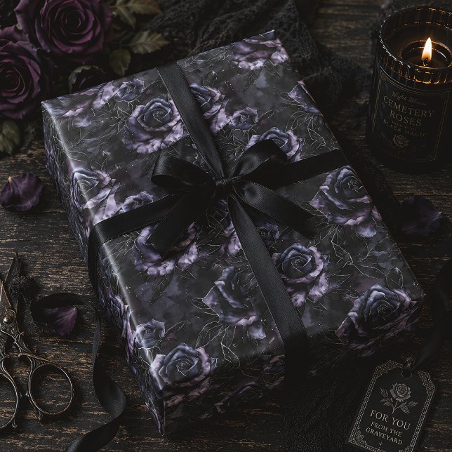 Papel De Presente Rosas Roxas de Cemitério Sombrio Gótico (Criador carregado)