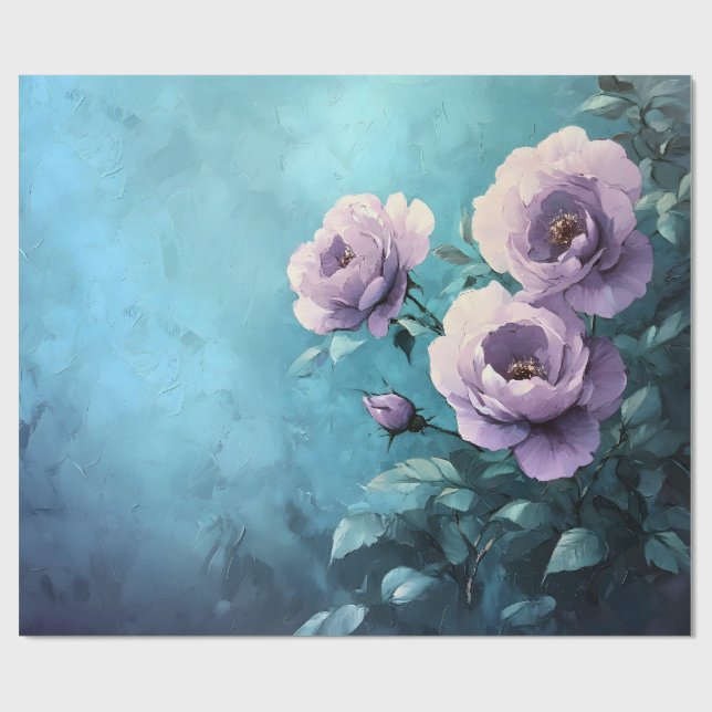 Papel De Presente Rosas Roxas em Decoupage Azul Turquesa (Aberto)