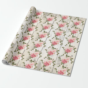 Papel De Presente Rosas Shabby Chic e Madeira de Celeiro Rústico