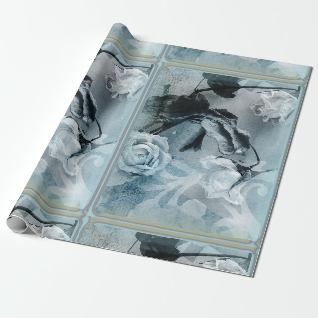 Papel De Presente Rosas Sonho Azul (Desenrolado)