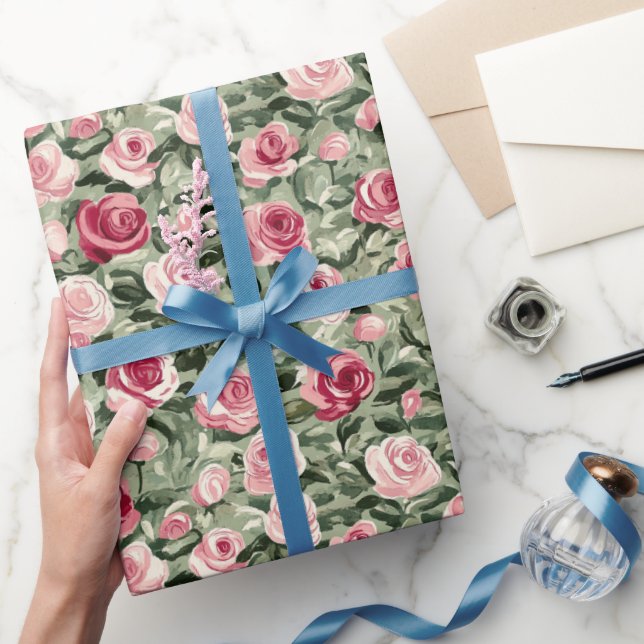 Papel De Presente Rosas Verdes Rosa Vermelhos Floral Aniversário (Presentear)