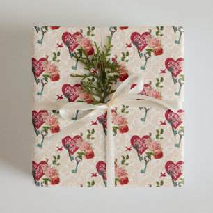 Papel De Presente Rosas Vermelhas Antigas & Chave do Meu Coração Dia