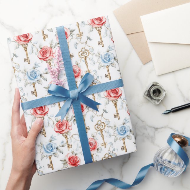 Papel De Presente Rosas Vermelhas Azuis Chaves Douradas Chá de Noiva (Presentear)