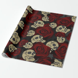 Papel De Presente Rosas Vermelhas & Caveiras Cinza Floral Gótico Pre