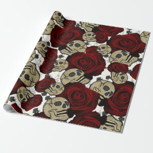 Papel De Presente Rosas Vermelhas & Caveiras Preto Floral Gótico Bra