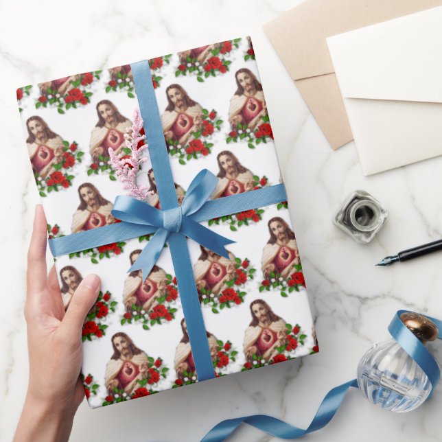 Papel De Presente Rosas vermelhas de Jesus Sagrado Religioso  (Presentear)