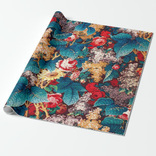 Papel De Presente Rosas vermelhas de vindima e padrão floral lilás