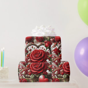 Papel De Presente Rosas Vermelhas e Corações Dia dos Namorados 