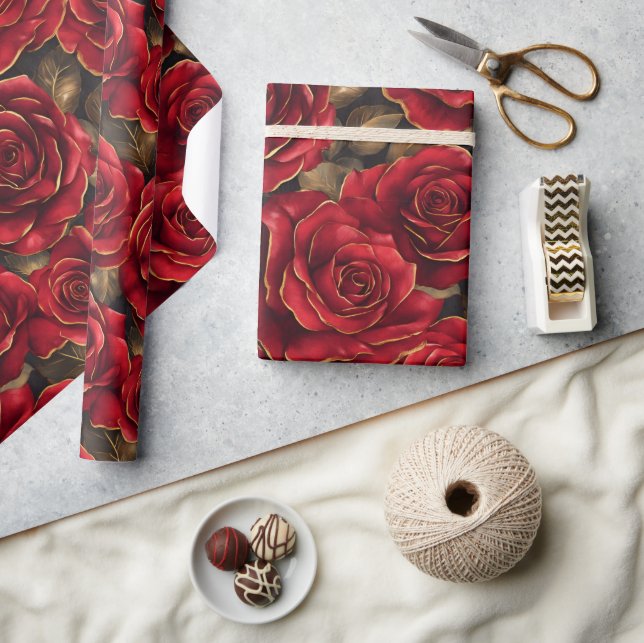 Papel De Presente Rosas Vermelhas e Douradas  (Artesanato)