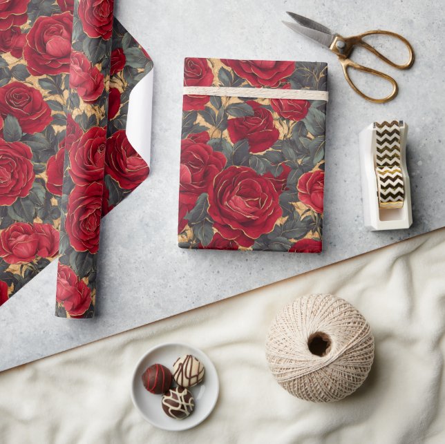 Papel De Presente Rosas Vermelhas e Douradas (Artesanato)