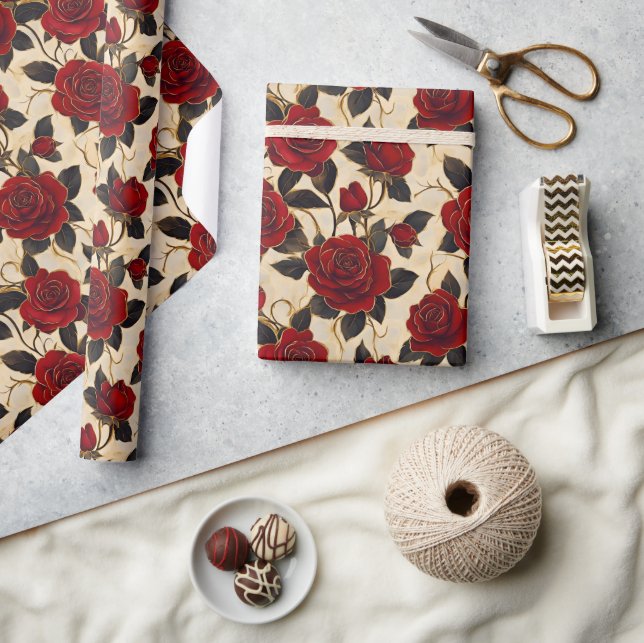 Papel De Presente Rosas Vermelhas e Douradas (Artesanato)
