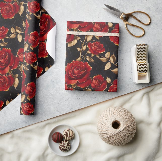 Papel De Presente Rosas Vermelhas e Douradas (Artesanato)