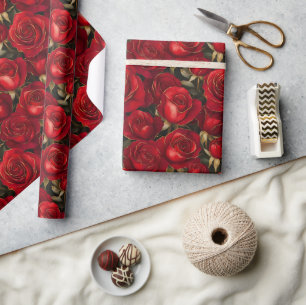 Papel De Presente Rosas Vermelhas e Douradas