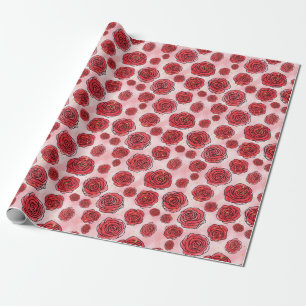 Papel De Presente Rosas Vermelhas em Padrão de Aquarela Rosa