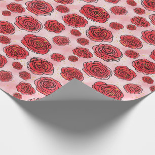 Papel De Presente Rosas Vermelhas em Padrão de Aquarela Rosa