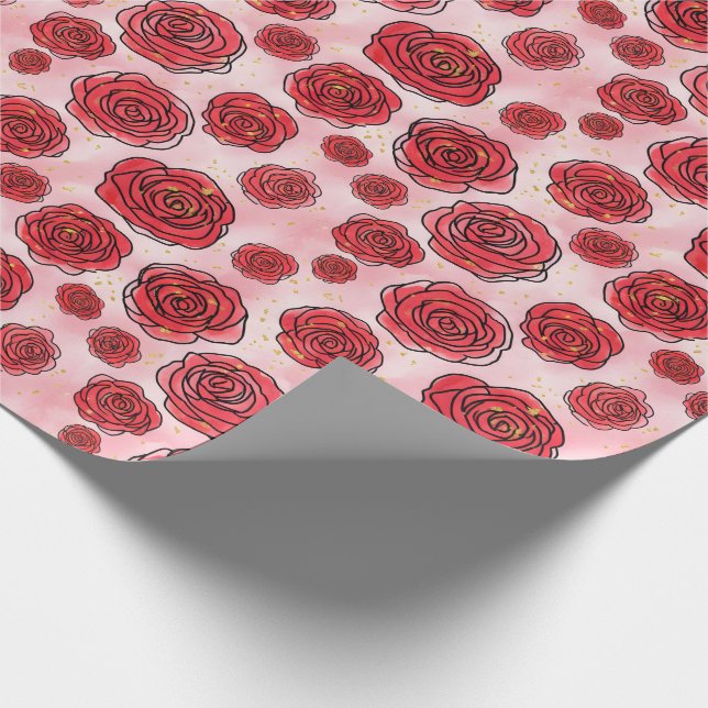 Papel De Presente Rosas Vermelhas em Padrão de Aquarela Rosa (Ponta)