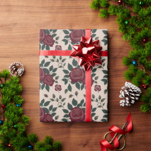 Papel De Presente Rosas Vermelhas Escuras Com Folhas Verdes