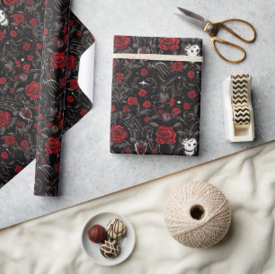 Papel De Presente Rosas Vermelhas Góticas e Caveiras