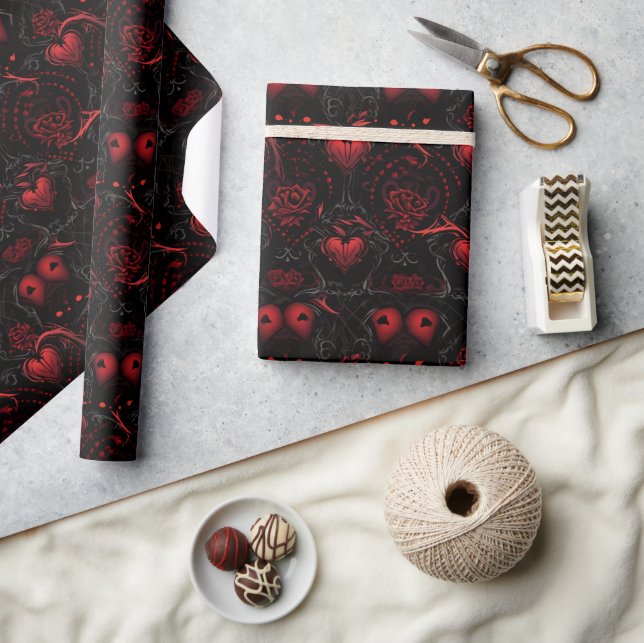 Papel De Presente Rosas Vermelhas Góticas e Corações Vermelhos (Artesanato)