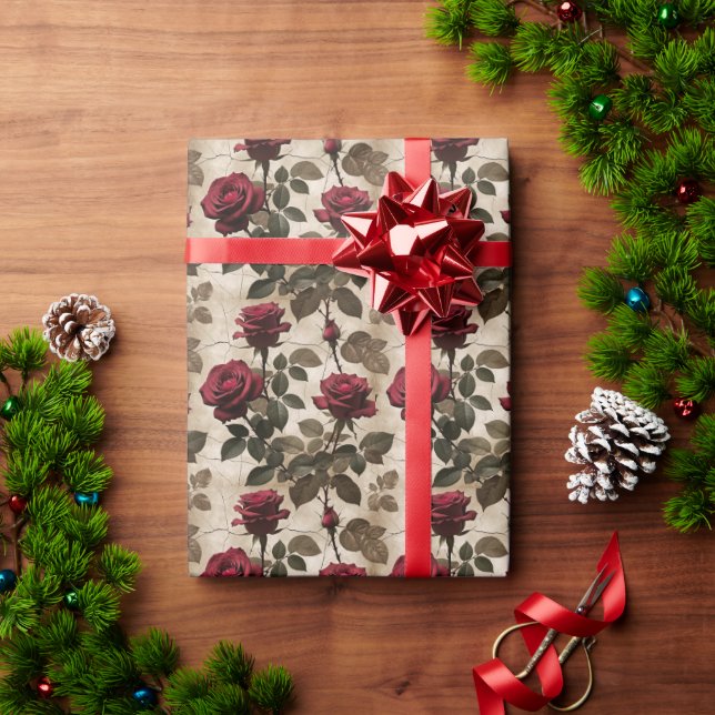 Papel De Presente Rosas Vermelhas Profundas Com Folhas Verde Escuro (Presente de Natal)