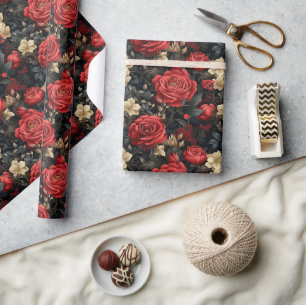 Papel De Presente Rosas vermelhas românticas e Flores Brancas de Van