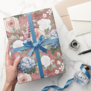 Papel De Presente Rosas Vermelhas Rosadas Hortênsia Azul Casamento F
