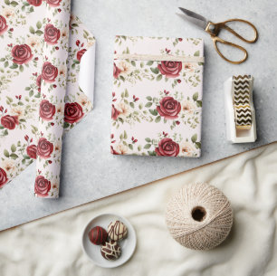 Papel De Presente Rosas Vermelhos Casamento Floral Cor-de-Rosa Esmag