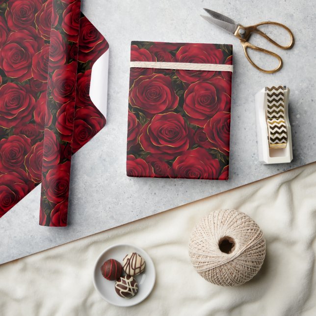Papel De Presente Rosas vermelhos e Dourados (Artesanato)