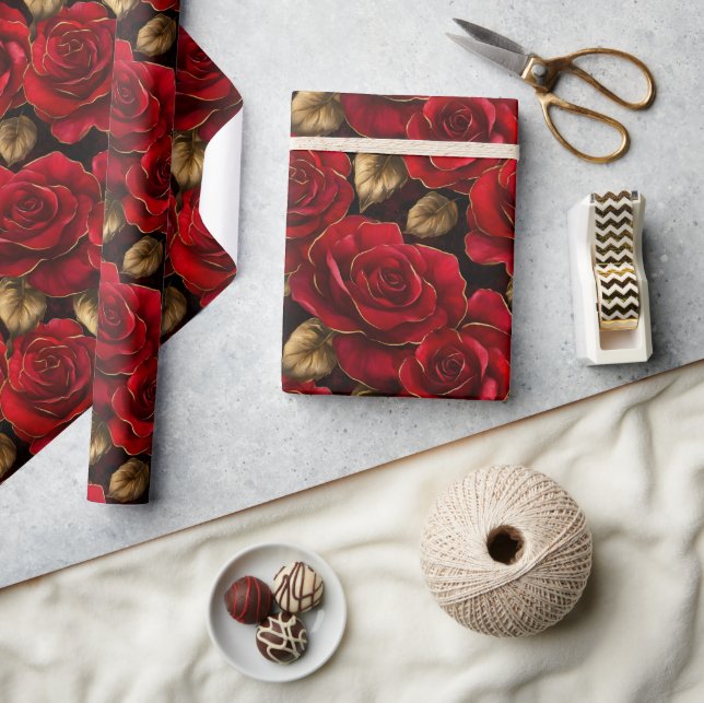 Papel De Presente Rosas vermelhos e Dourados (Artesanato)