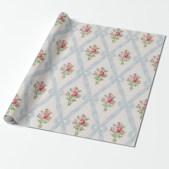 Papel De Presente Rosas Victorianas cor-de-rosa com Fita Azul (Desenrolado)