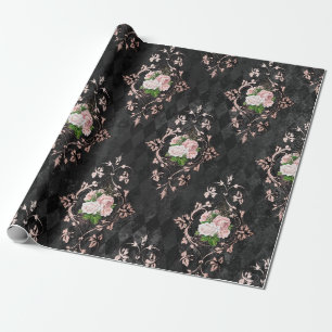 Papel De Presente Rosas Vintage Blush e Padrão Harlequin Preto