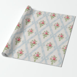 Papel De Presente Rosas Vitorianas Rosa com Fita Azul