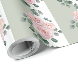 Papel De Presente Rosas Watercolor Verde Sage Leve e Listra Branca