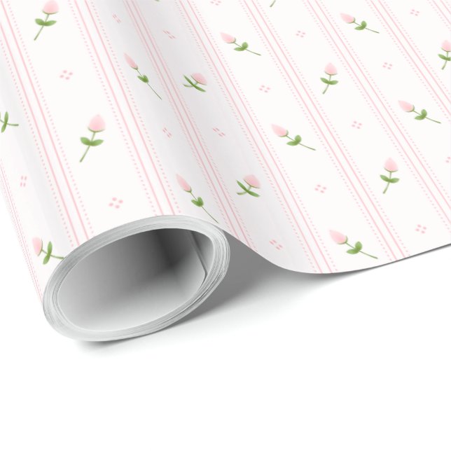 Papel De Presente Rosebuds cor-de-rosa com listras (Ponta do rolo)